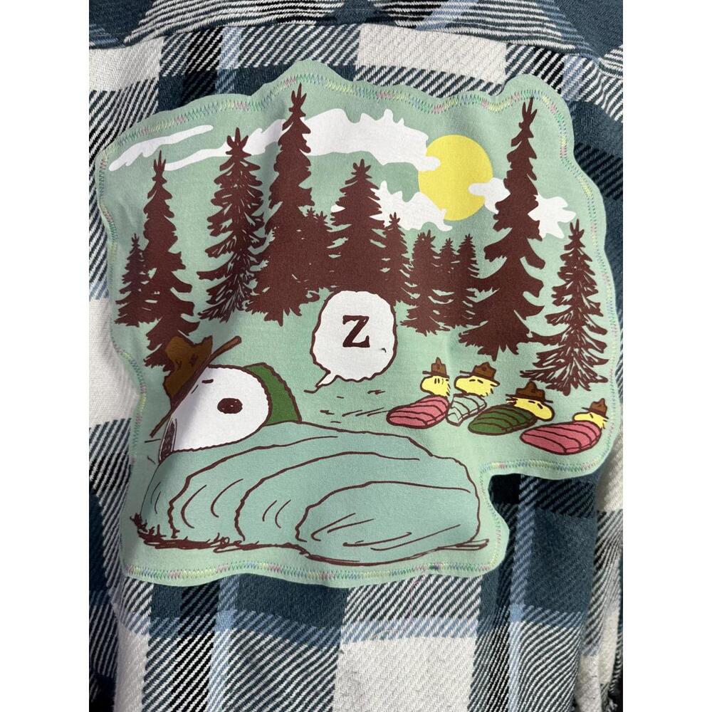 rsq grunge plaid flannel shirt‎ jacket snoopy peanuts camping patch woodstock